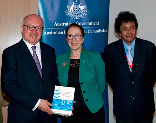 Attorney-General George Brandis, Prof Rosalind Croucher and Prof Suri Ratnapala at the launch of the Freedoms Report