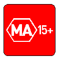 This symbol shows the white capital letters MA inside a white bordered hexagon. Immediately outside to the right of the hexagon is a white number 15 and plus sign. The symbol is on a red square background.