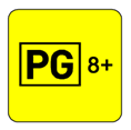 This symbol shows the black capital letters PG inside a black bordered rectangle. Outside to the right of the rectangle is a black number 8 and plus sign. The entire symbol is on a yellow square background.