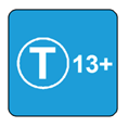 This symbol shows a white capital T inside a white bordered circle. Immediately outside to the right of the circle is a white number 13 and plus sign. The entire symbol is on a light blue square background.