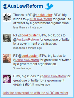Screengrab of a Twitter conversation: "big kudos to @AusLawReform for a great use of twitter by a government agency"
