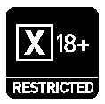 This symbol shows a white capital X inside a white bordered square. Immediately outside and on the right of the square is a white number 18 and plus sign. Underneath this type is a white line and beneath the line is the word Restricted in white capital letters. The symbol is on a black square background.