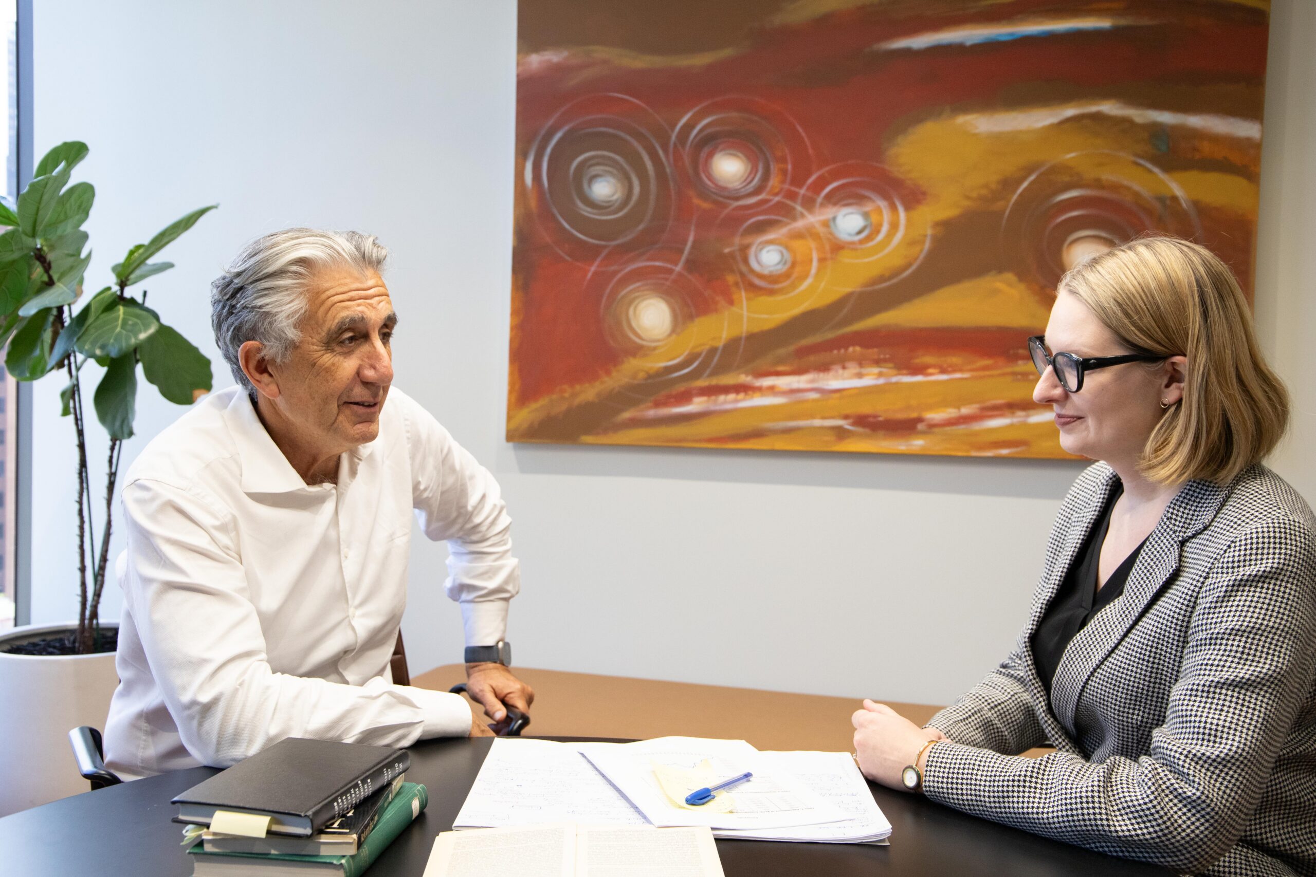 Justice Bromberg and Commissioner Toews sit at a table with books and papers before them. They face each other in discussion. An abstract artwork in earth tones is behind them, as well as a potted plant. 